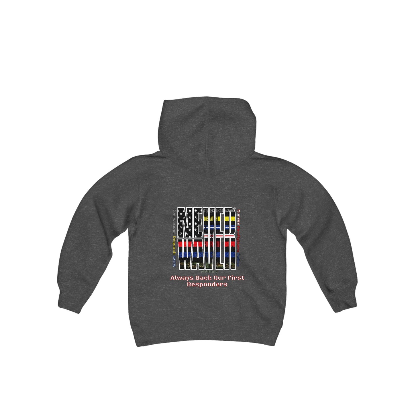 Never Waver Always Back Our First Responders Vintage-Inspired Youth Hoodie with American Flag Design