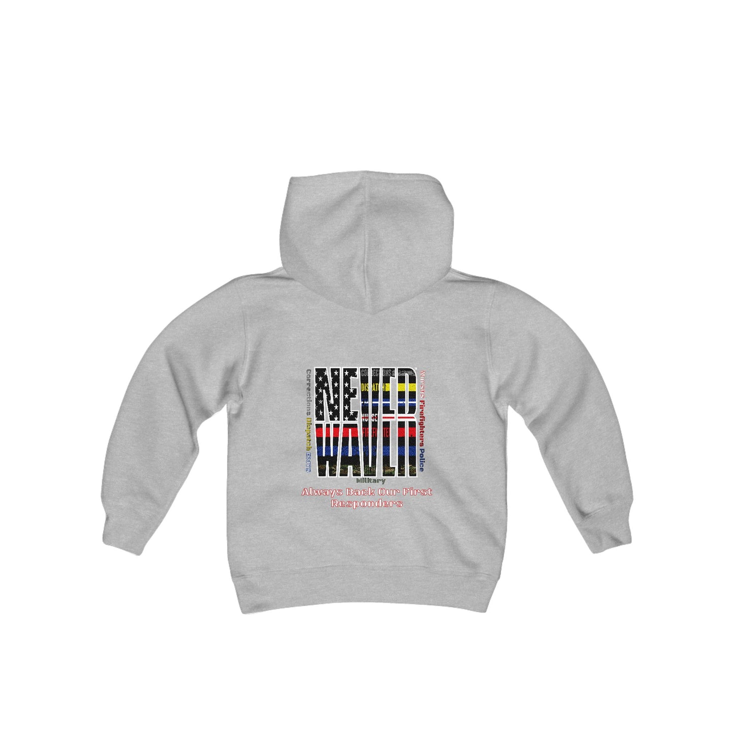 Never Waver Always Back Our First Responders Vintage-Inspired Youth Hoodie with American Flag Design