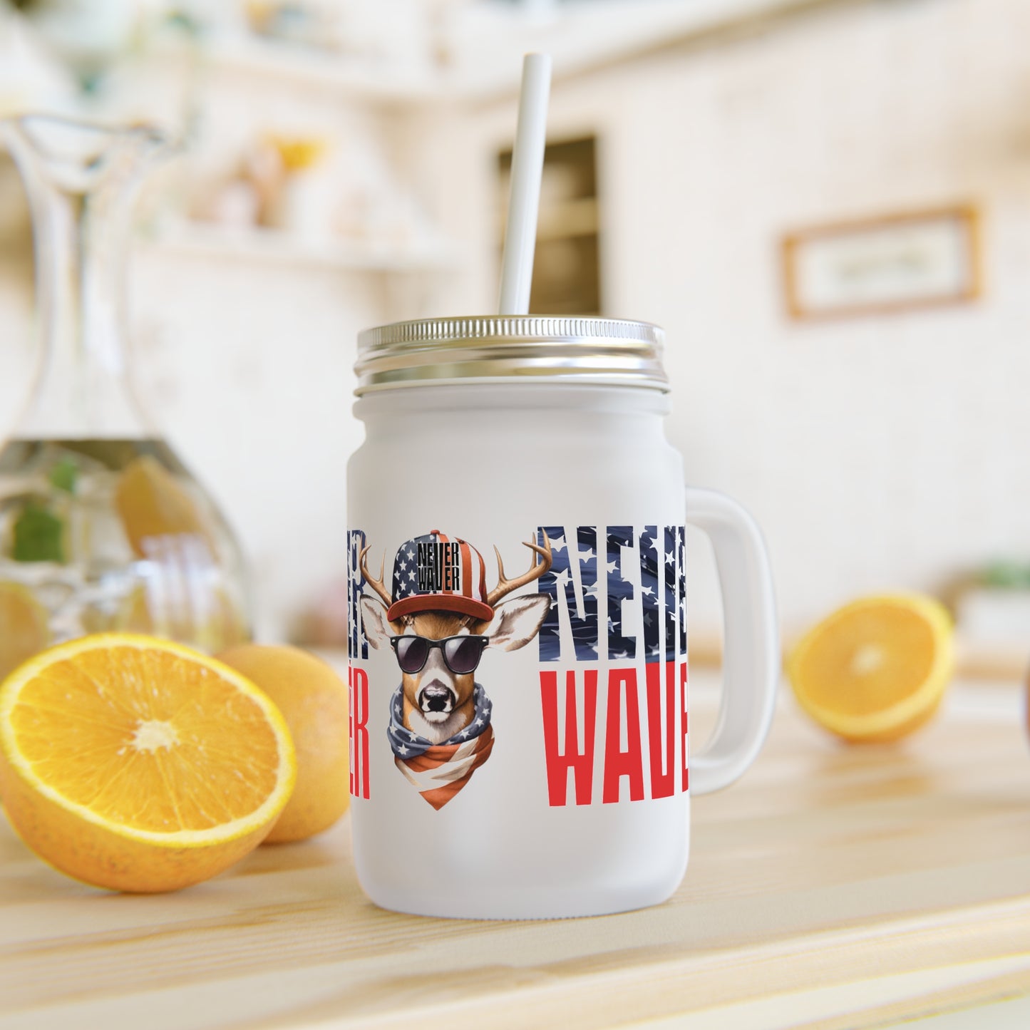 Never Waver Patriotic Mason Jar with Deer Design – Perfect for Summer Celebrations