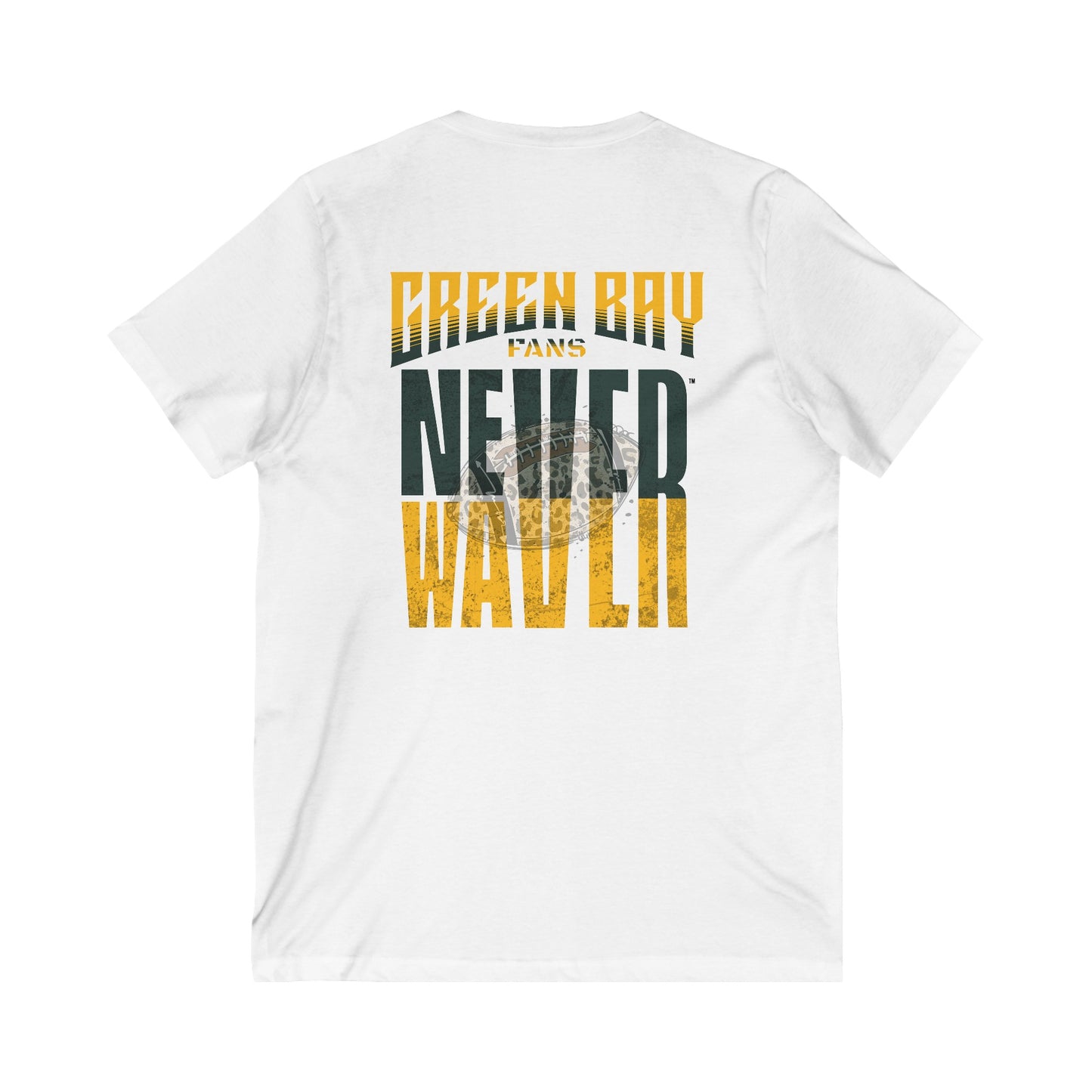 Green Bay Fans Never Waver with leopard football Unisex Jersey Short Sleeve V-Neck Tee