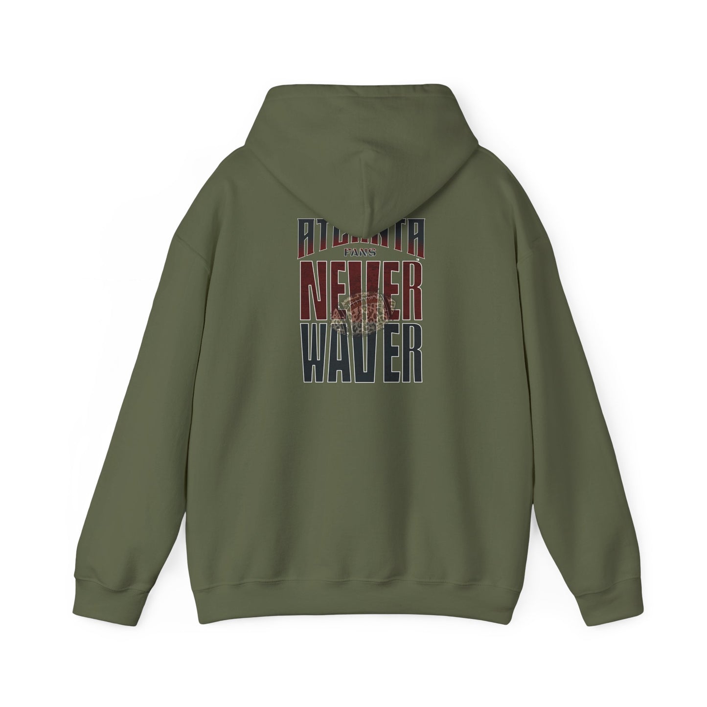 Unisex Heavy Blend™ Hoodie - 'Never Waver' Atlanta Fans Leopard Football Sweatshirt