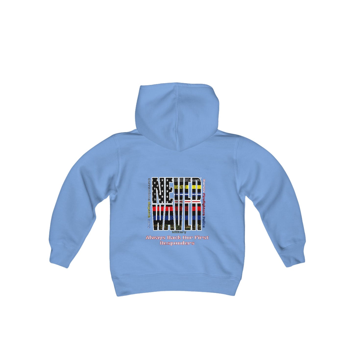 Never Waver Always Back Our First Responders Vintage-Inspired Youth Hoodie with American Flag Design