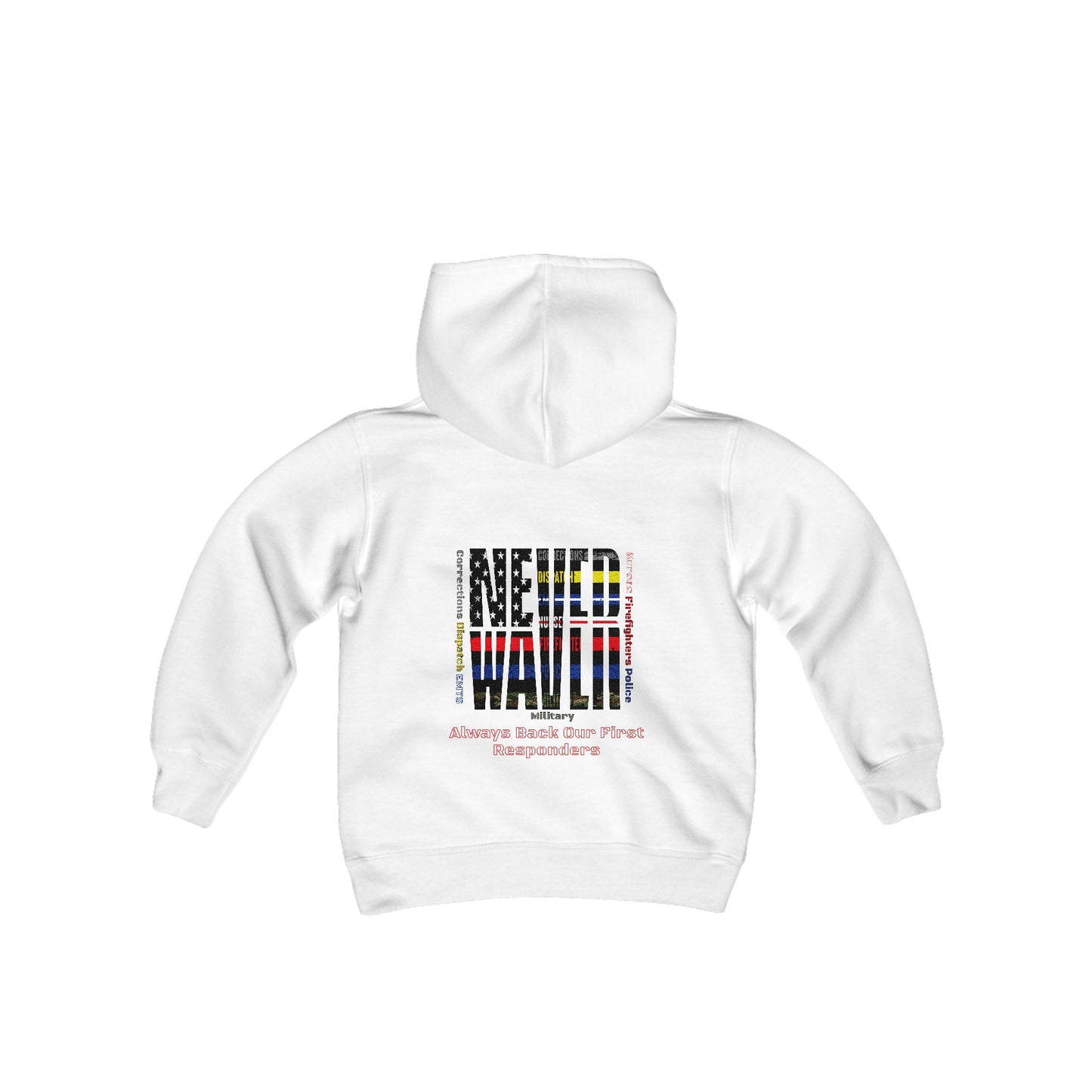 Never Waver Always Back Our First Responders Vintage-Inspired Youth Hoodie with American Flag Design