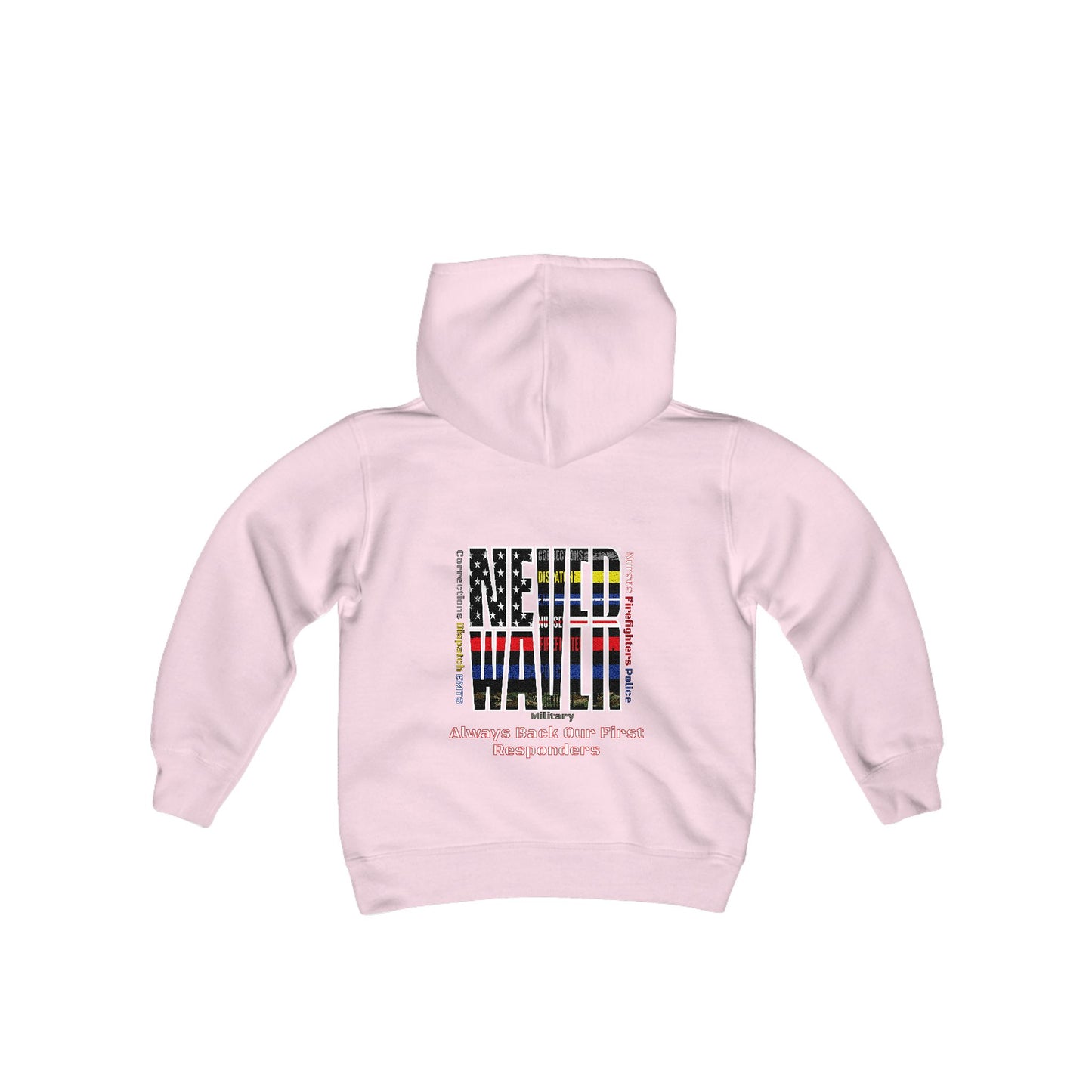 Never Waver Always Back Our First Responders Vintage-Inspired Youth Hoodie with American Flag Design