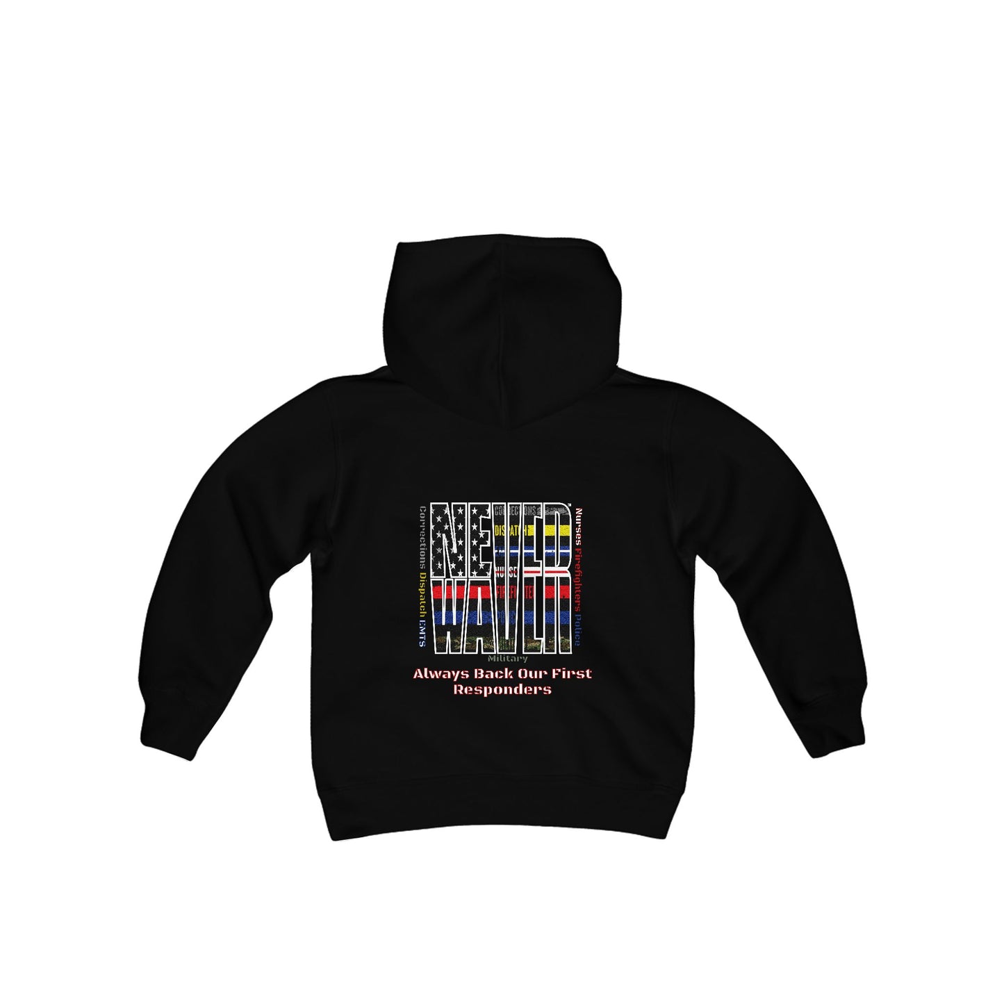 Never Waver Always Back Our First Responders Vintage-Inspired Youth Hoodie with American Flag Design