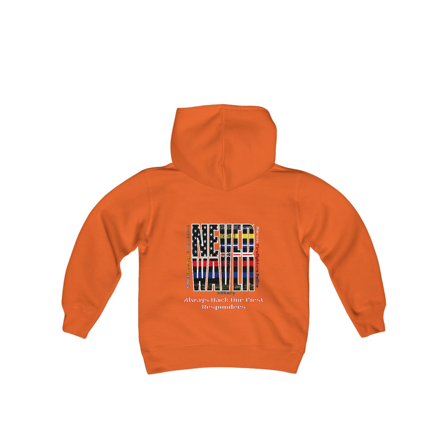 Never Waver Always Back Our First Responders Vintage-Inspired Youth Hoodie with American Flag Design