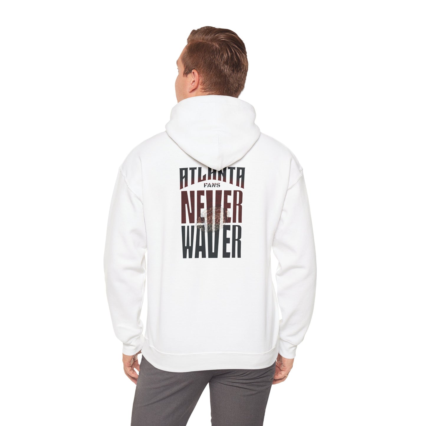 Unisex Heavy Blend™ Hoodie - 'Never Waver' Atlanta Fans Leopard Football Sweatshirt